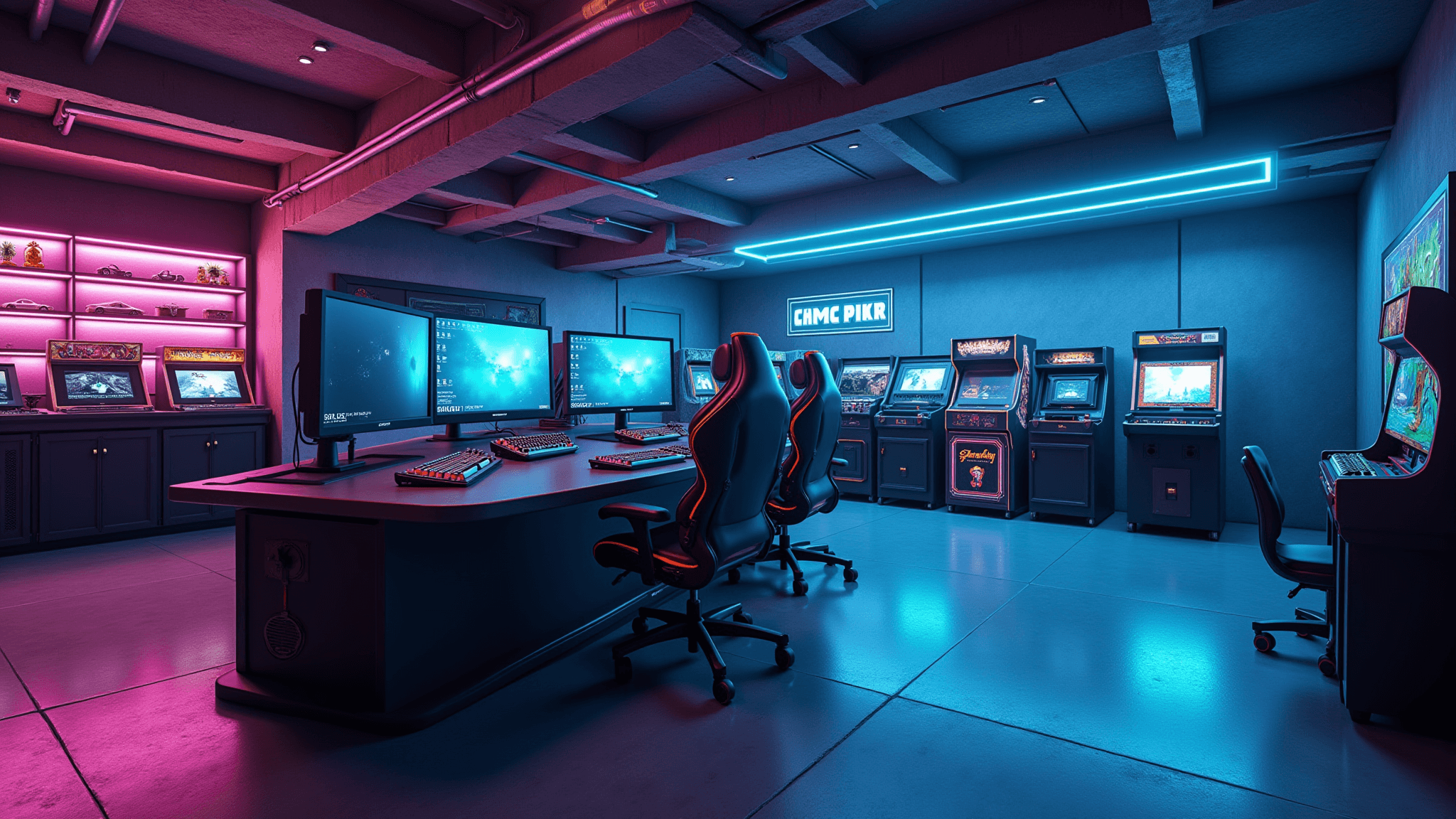 A luxurious basement gaming room featuring a massive curved gaming station, three ultrawide monitors, retro arcade cabinets, and a custom wet bar, all bathed in ambient neon lighting and captured in hyperrealistic detail.