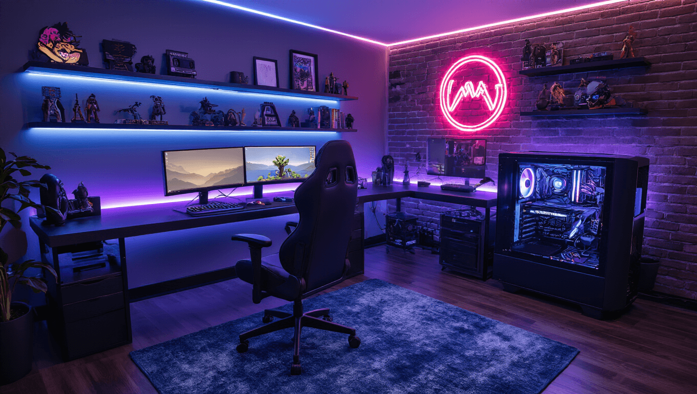 A luxurious, high-end gaming room featuring a modern L-shaped desk with dual ultrawide monitors, an ergonomic gaming chair, ambient RGB lighting, and a custom PC build, all set against a backdrop of an exposed brick wall and smart lighting panels, captured in photorealistic detail during golden hour.
