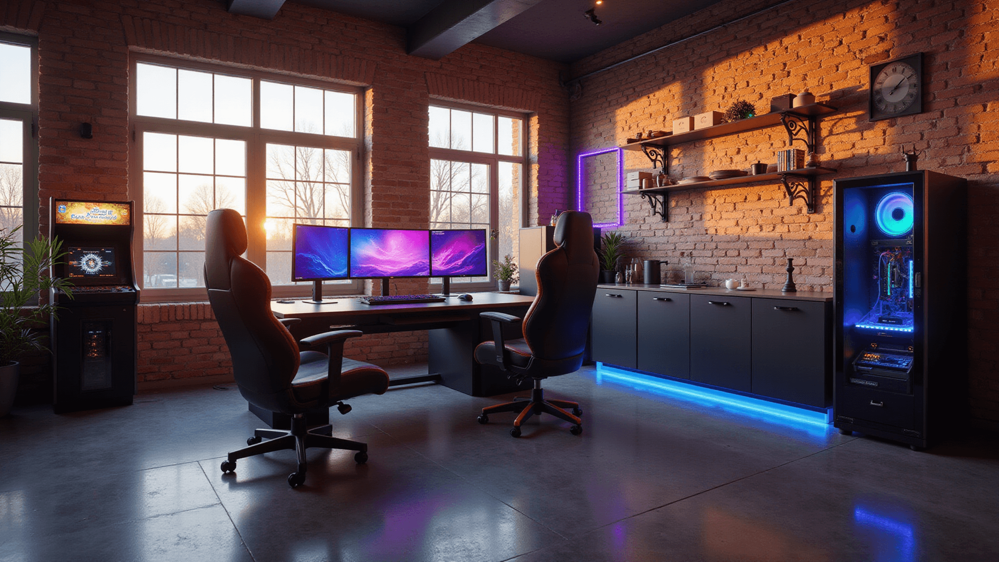 A spacious modern gaming room with exposed brick walls, featuring an L-shaped desk with triple ultrawide monitors, vibrant RGB lighting, a black gaming chair with red accents, vintage arcade cabinets, a minimalist bar area, and ambient LED lighting, all captured in photorealistic detail during golden hour.