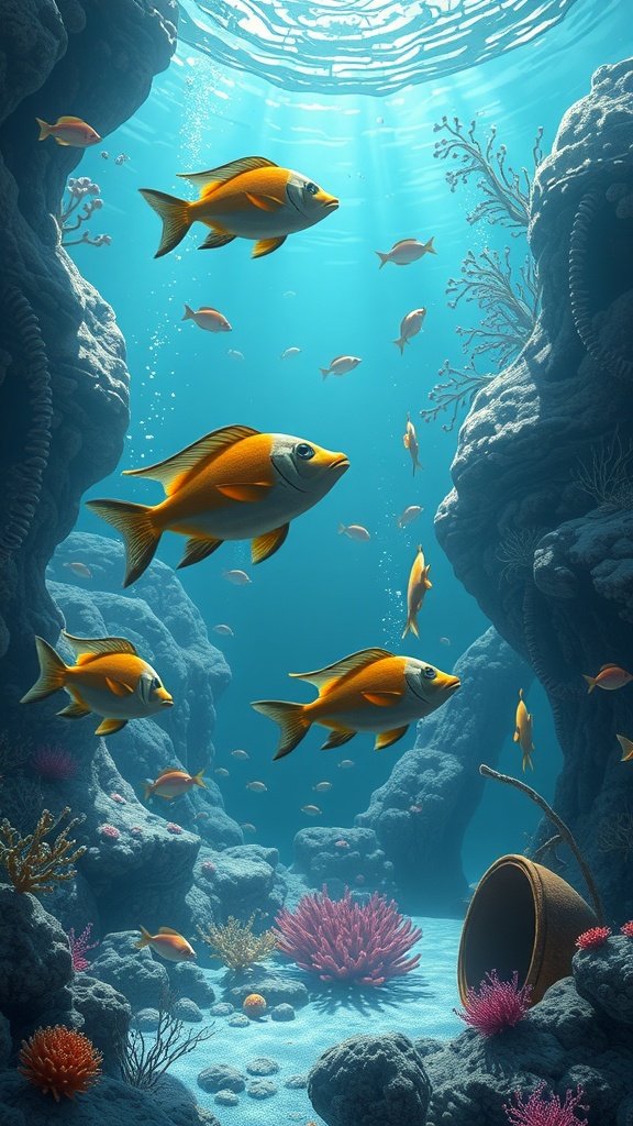 Underwater scene with colorful fish and coral reefs