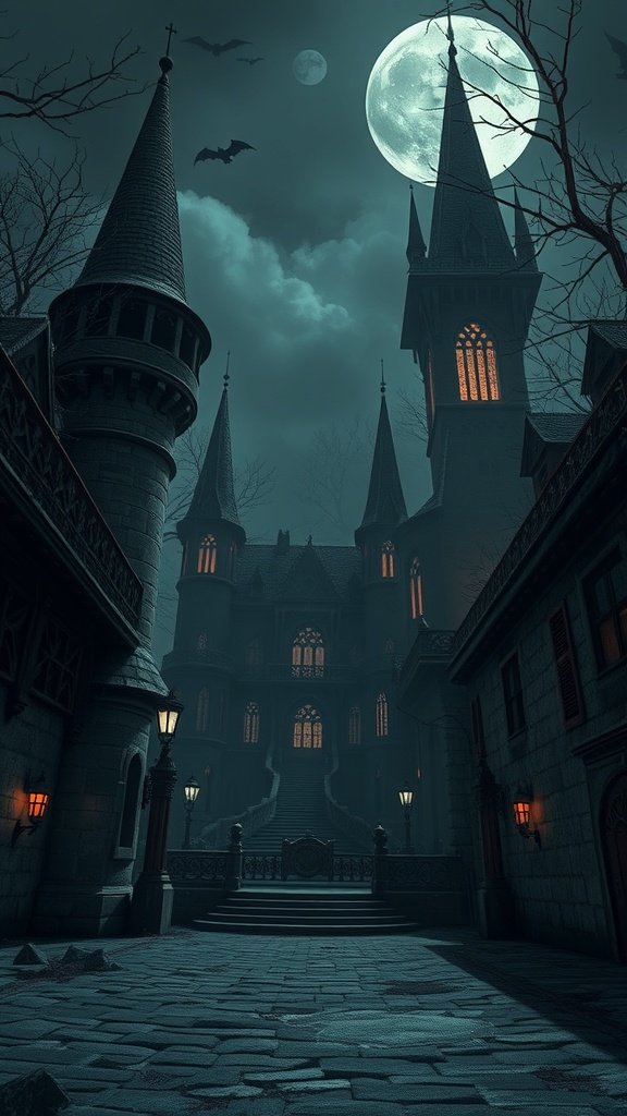 A gothic castle under a full moon with bats flying in the sky.