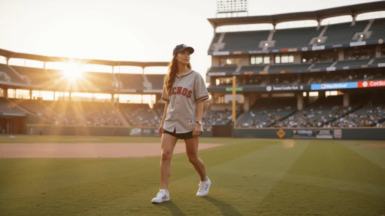 A young woman confidently walks through a sunlit stadium concourse in a vintage baseball jersey styled as a dress, paired with black bike shorts and white sneakers, during golden hour.