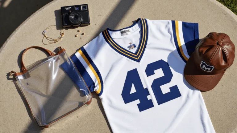 Flat lay of game day essentials on concrete: vintage team jersey, clear stadium bag with leather trim, gold minimalist jewelry, face paint palette in team colors, retro Polaroid camera, and worn leather baseball cap, with natural lighting and soft depth of field.