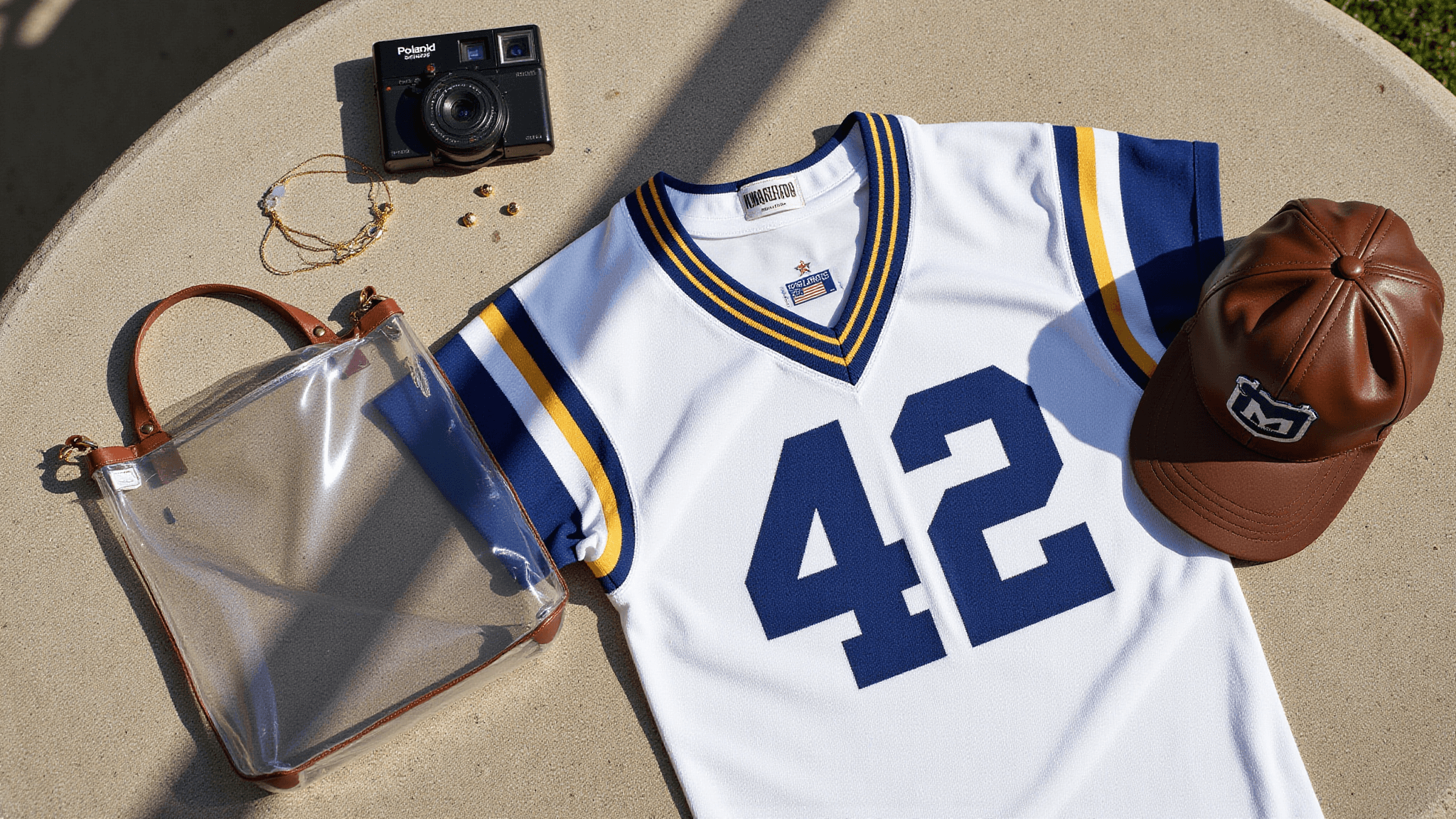 Flat lay of game day essentials on concrete: vintage team jersey, clear stadium bag with leather trim, gold minimalist jewelry, face paint palette in team colors, retro Polaroid camera, and worn leather baseball cap, with natural lighting and soft depth of field.