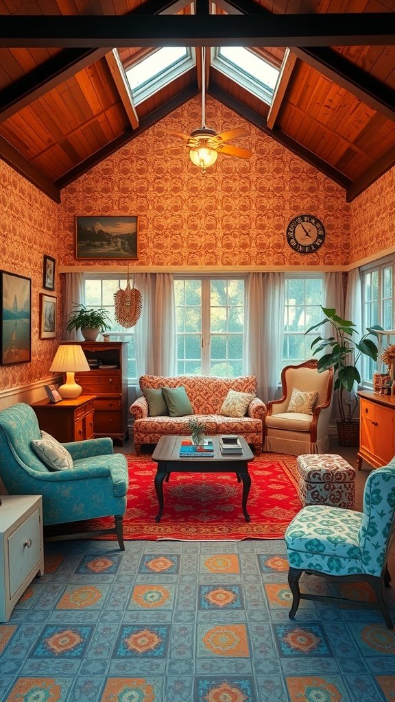 35 Dreamy Bloxburg House Ideas to Inspire Your Next Build Cozy vintage retro living room with patterned wallpaper and colorful furniture.