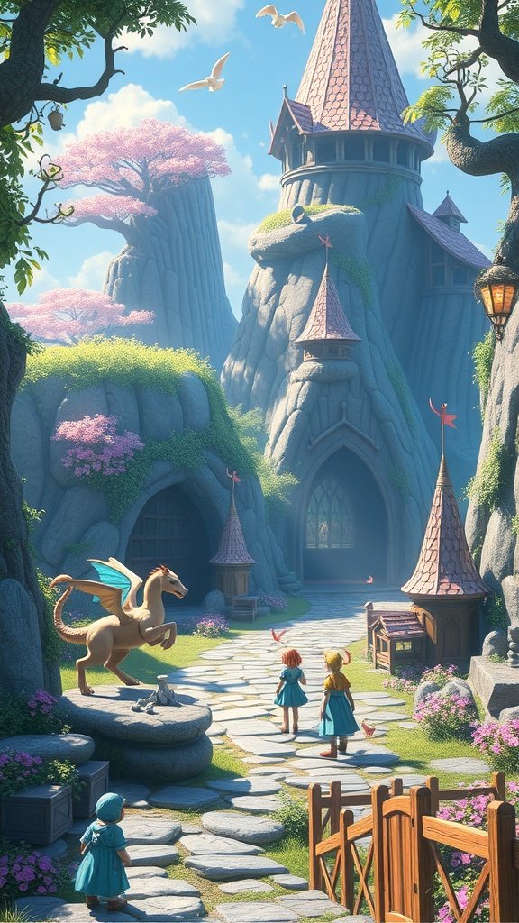 A whimsical fairy tale setting featuring a castle, children, and a dragon statue.