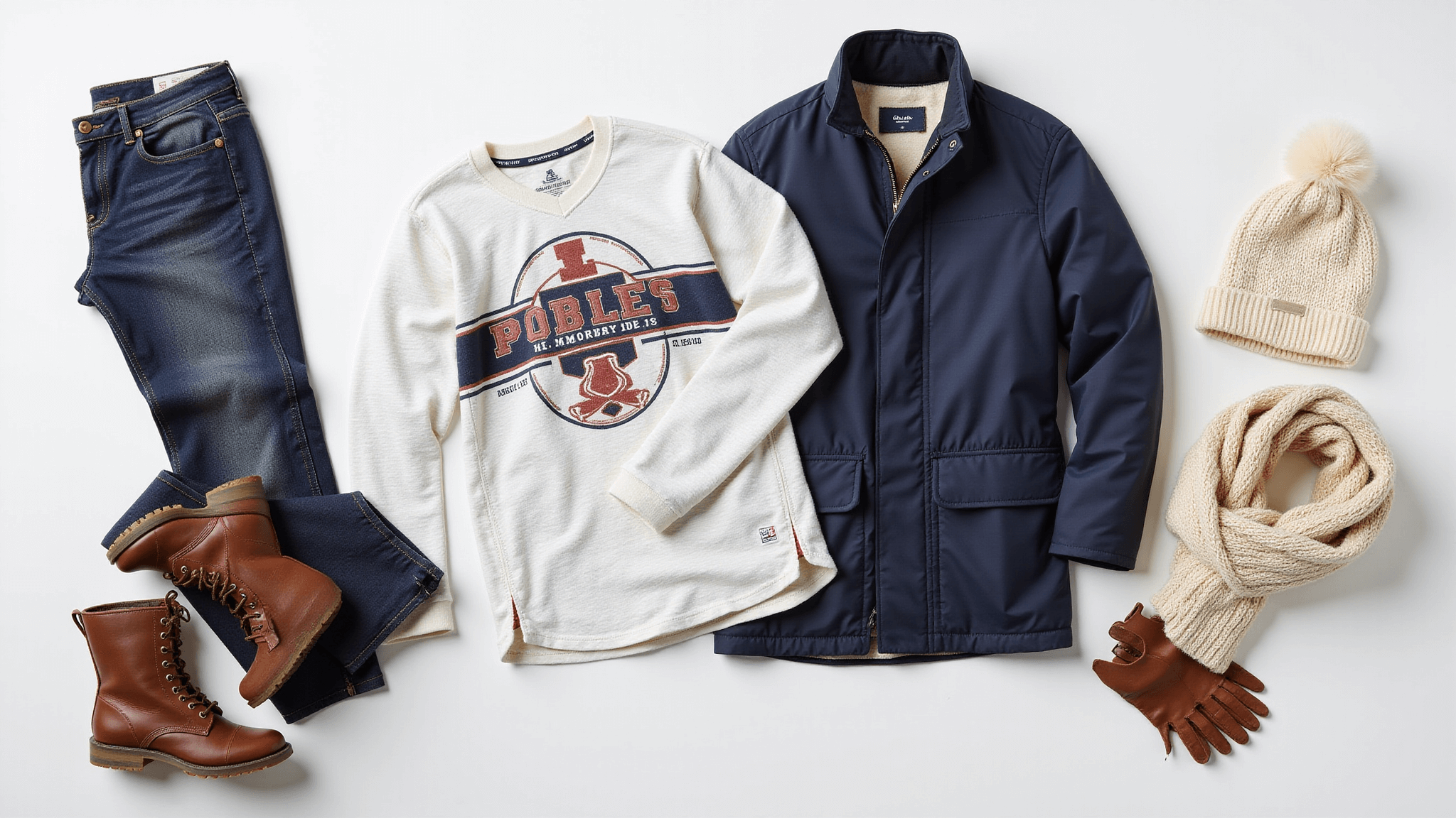Flat lay of layered winter game day fashion items including a white thermal base layer, vintage team jersey, navy puffer coat, dark wash jeans, cream knit beanie, matching scarf, leather gloves, and brown shearling-lined boots on a clean white background.