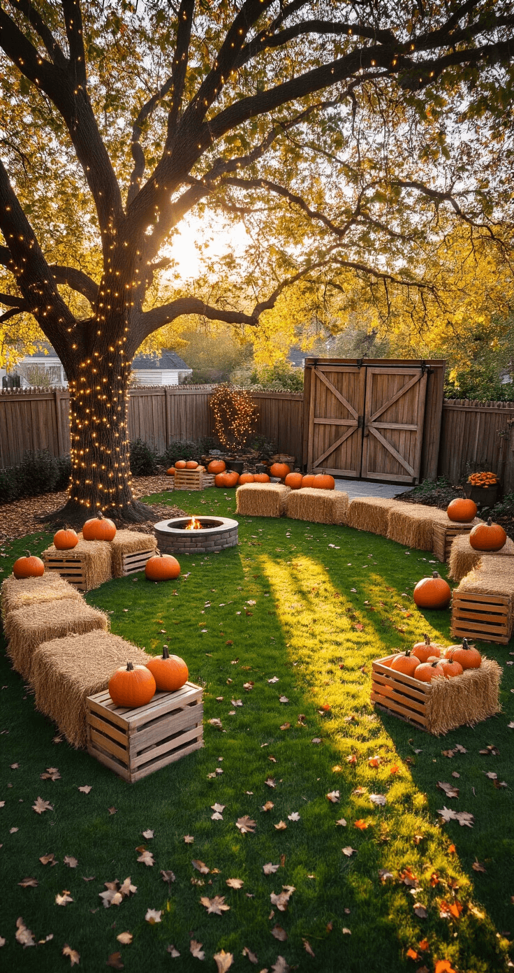 A spacious backyard transformed for outdoor fall games, featuring a large oak tree with fairy lights, hay bales around a fire pit, and wooden crates filled with pumpkins, all bathed in warm golden hour sunlight and casting long shadows. An elevated view shows a rustic barn door used as a photo backdrop, creating a festive and nostalgic atmosphere.