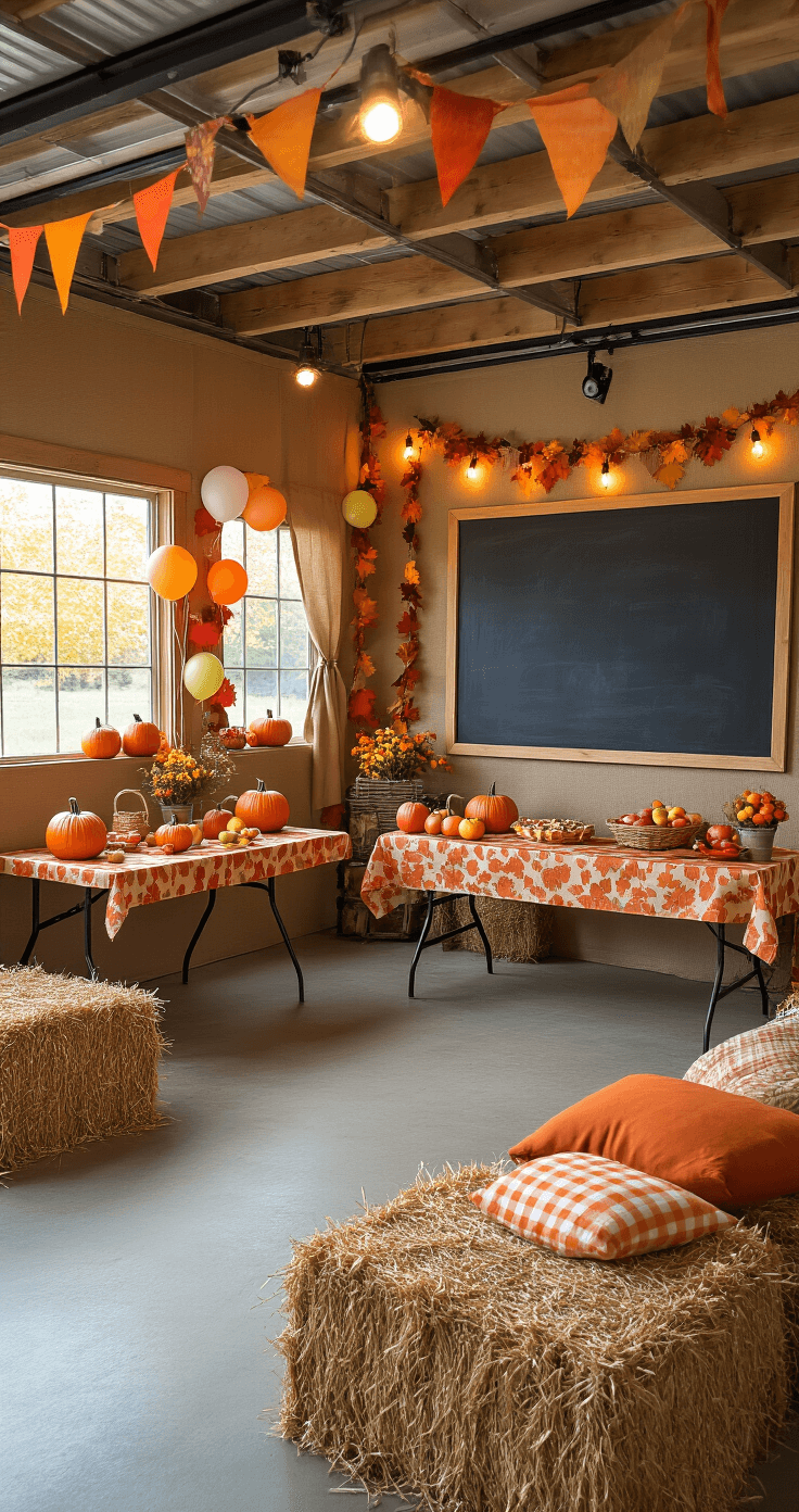 A transformed garage for indoor fall activities, featuring burlap-covered walls and fall-colored streamers, with tables holding game supplies like mini pumpkins and apples. A large chalkboard scoreboard is visible, along with hay bales and oversized pillows for seating, all illuminated by warm overhead lighting and spotlights.
