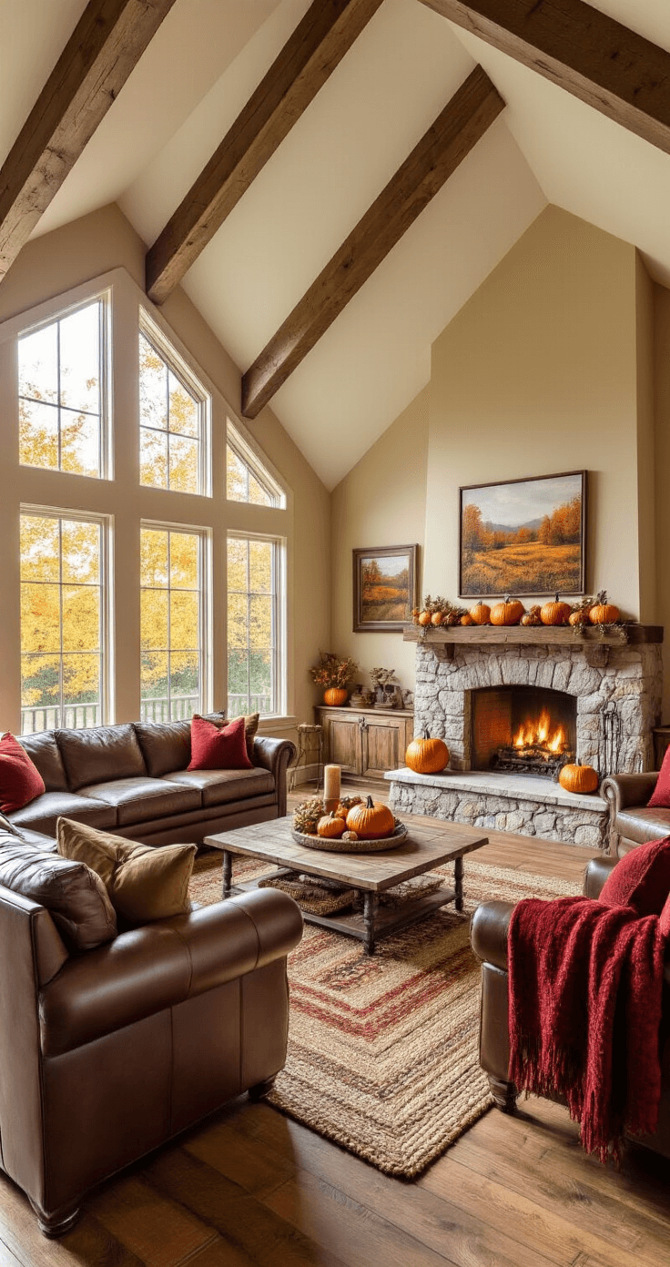 A cozy living room with vaulted ceilings and exposed wooden beams, featuring warm sunlight filtering through large windows. A plush leather sectional faces a stone fireplace decorated with pumpkins, while throw blankets in deep reds and oranges adorn armchairs. A rustic coffee table holds pinecones and candles, and the walls are painted warm beige, showcasing framed fall landscapes. Hardwood floors are complemented by a braided area rug in harvest hues, with soft lighting enhancing the autumnal ambiance.