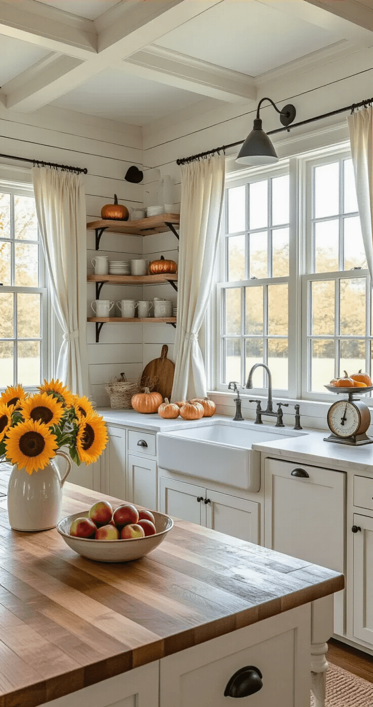 A cozy farmhouse kitchen featuring shiplap walls and a coffered ceiling, illuminated by early morning light through café curtains. A large island with a butcher block top is decorated with fresh apples and mason jars of sunflowers. White cabinets with matte black hardware frame open shelves displaying ceramic mugs and copper cookware, while a vintage scale holds mini gourds. The farmhouse sink offers a view of dried corn husks, enhanced by warm under-cabinet lighting.