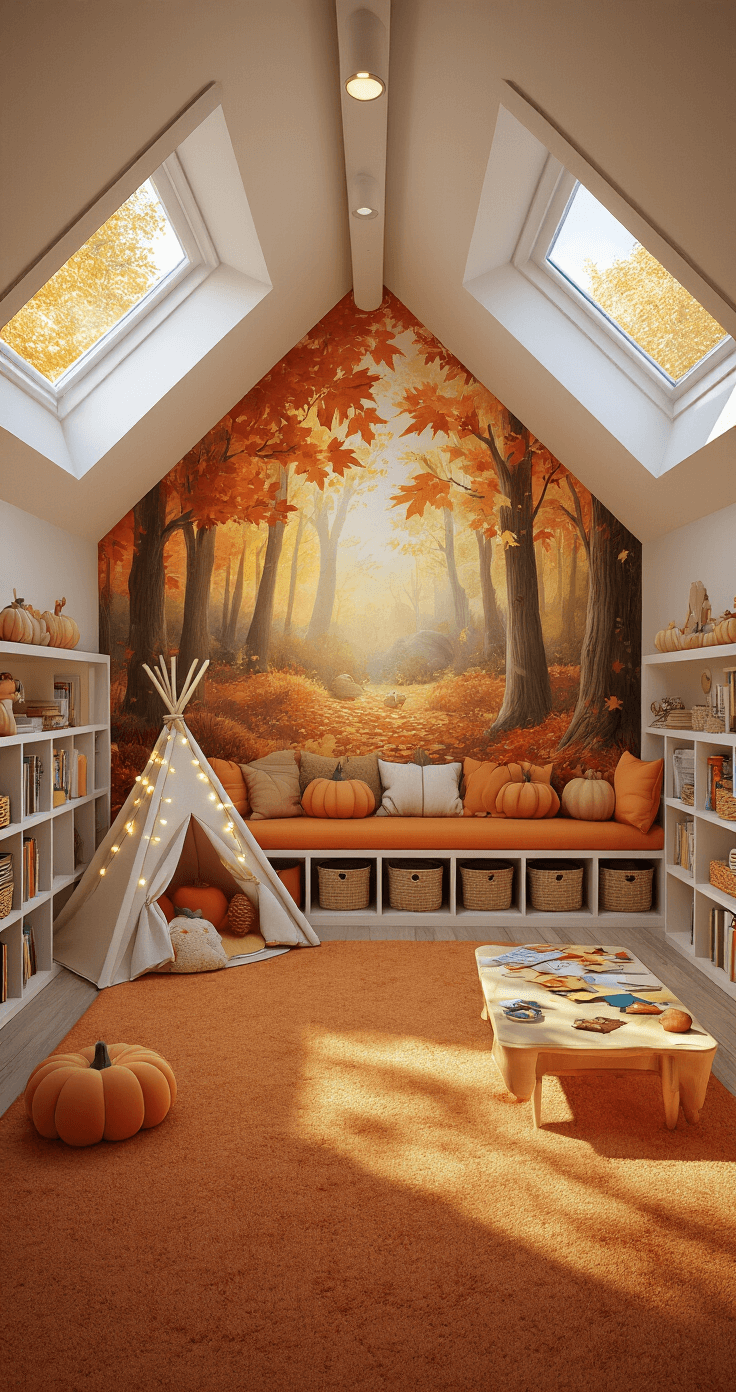 A whimsical children's playroom with sloped ceilings and dormer windows, featuring a cozy reading nook with a teepee tent and fairy lights, low bookshelves with pumpkin-shaped baskets, a craft table scattered with nature-themed items, and a mural of a magical autumn forest, all illuminated by soft afternoon sunlight.