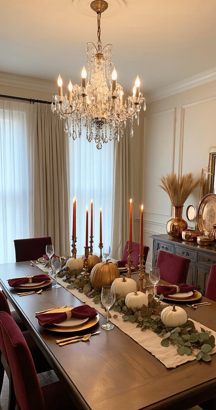 Elegant dining room set for a fall feast, featuring a long wooden table adorned with gold chargers, burgundy napkins, and a centerpiece of white pumpkins and wheat-filled vases, all illuminated by a crystal chandelier and soft candlelight.