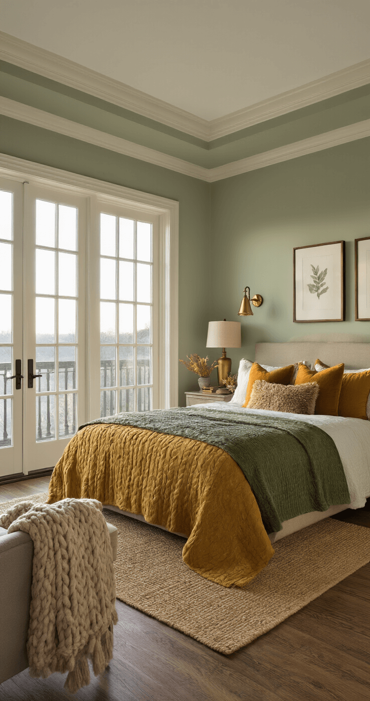 A serene master bedroom with a tray ceiling and French doors to a balcony, featuring a king-size bed dressed in mustard and deep green textures, brass lamps on nightstands, a reading chair with a chunky knit blanket, and soft sage green walls adorned with pressed leaves, all illuminated by warm evening light.