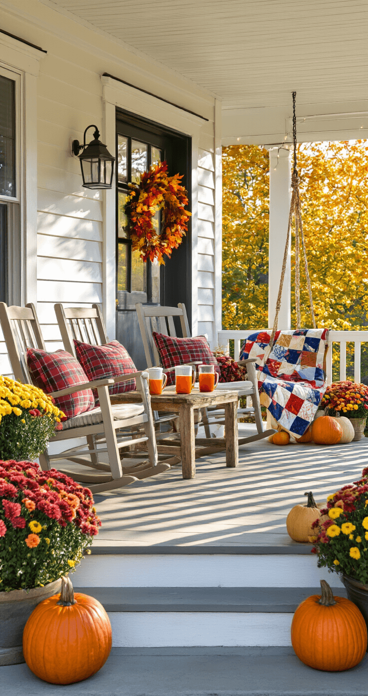 A welcoming autumn porch scene featuring a white-railed porch with rocking chairs and plaid cushions, a rustic side table with steaming cider mugs, a colorful quilted swing, autumn-hued mums, a leaf-adorned wreath on the front door, various pumpkins, an old ladder with cozy throw blankets, and string lights enhancing the natural lighting in the late afternoon sun.