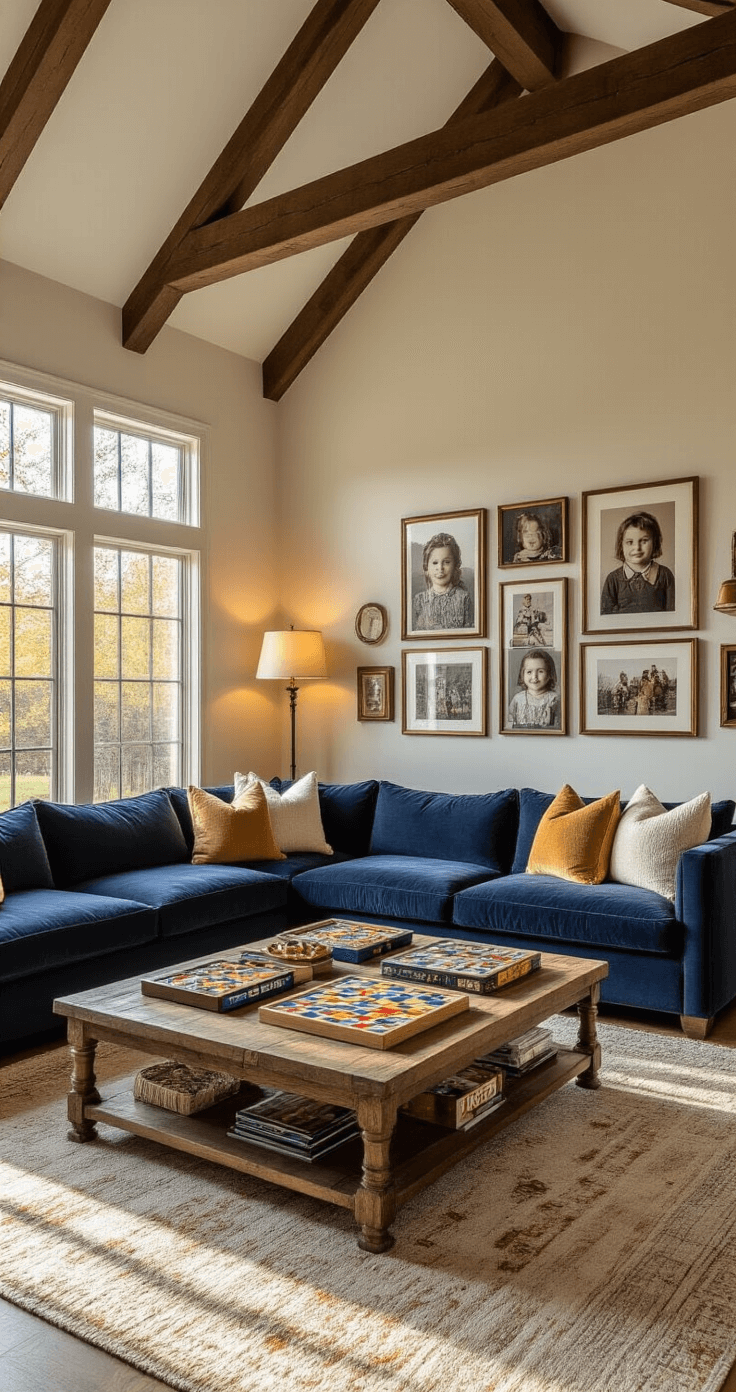 A spacious living room with vaulted ceilings and exposed wooden beams, featuring a deep navy velvet L-shaped sofa adorned with gold and cream throw pillows, a rustic wooden coffee table with board games, vintage floor lamps, and a gallery wall of childhood photos, all bathed in warm late afternoon sunlight.