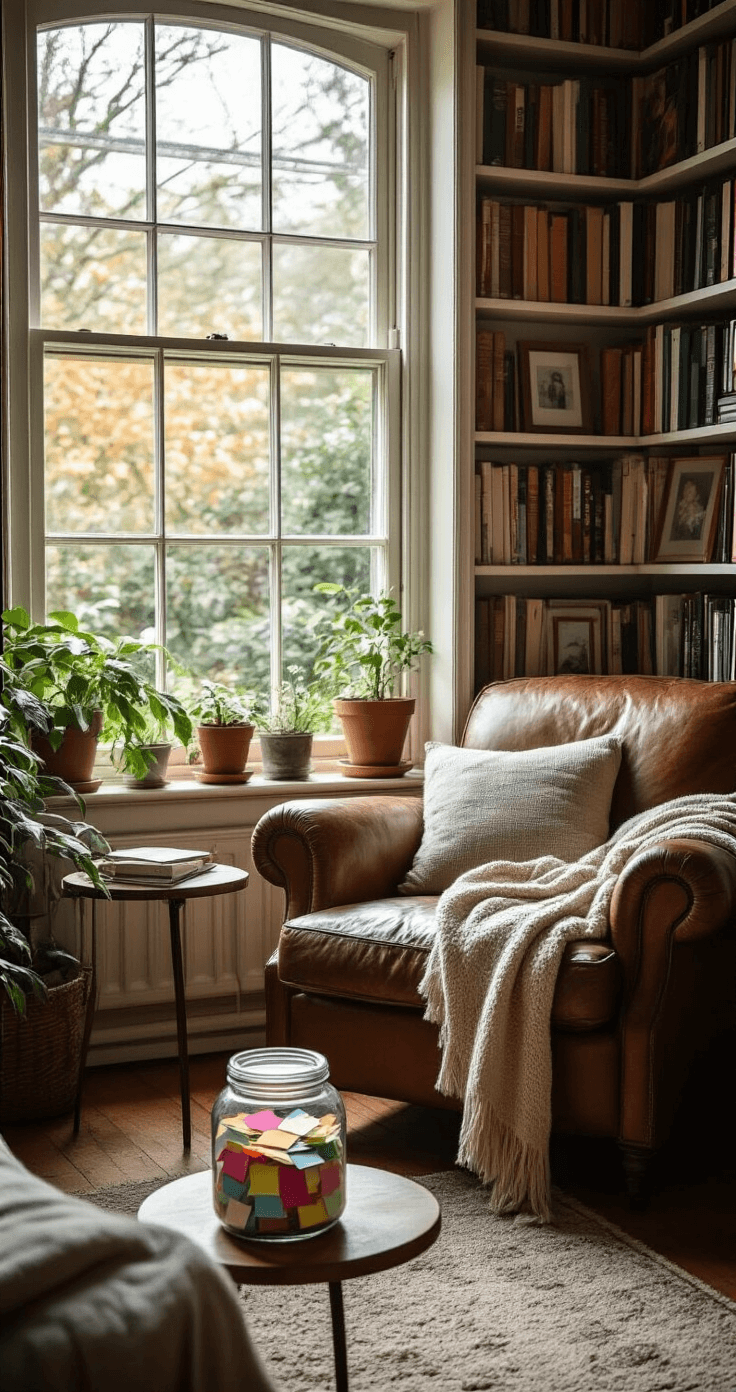 A close-up of a memory jar overflowing with colorful paper slips, set against a cozy den filled with floor-to-ceiling bookshelves and a bay window overlooking a garden, illuminated by soft, diffused natural light.