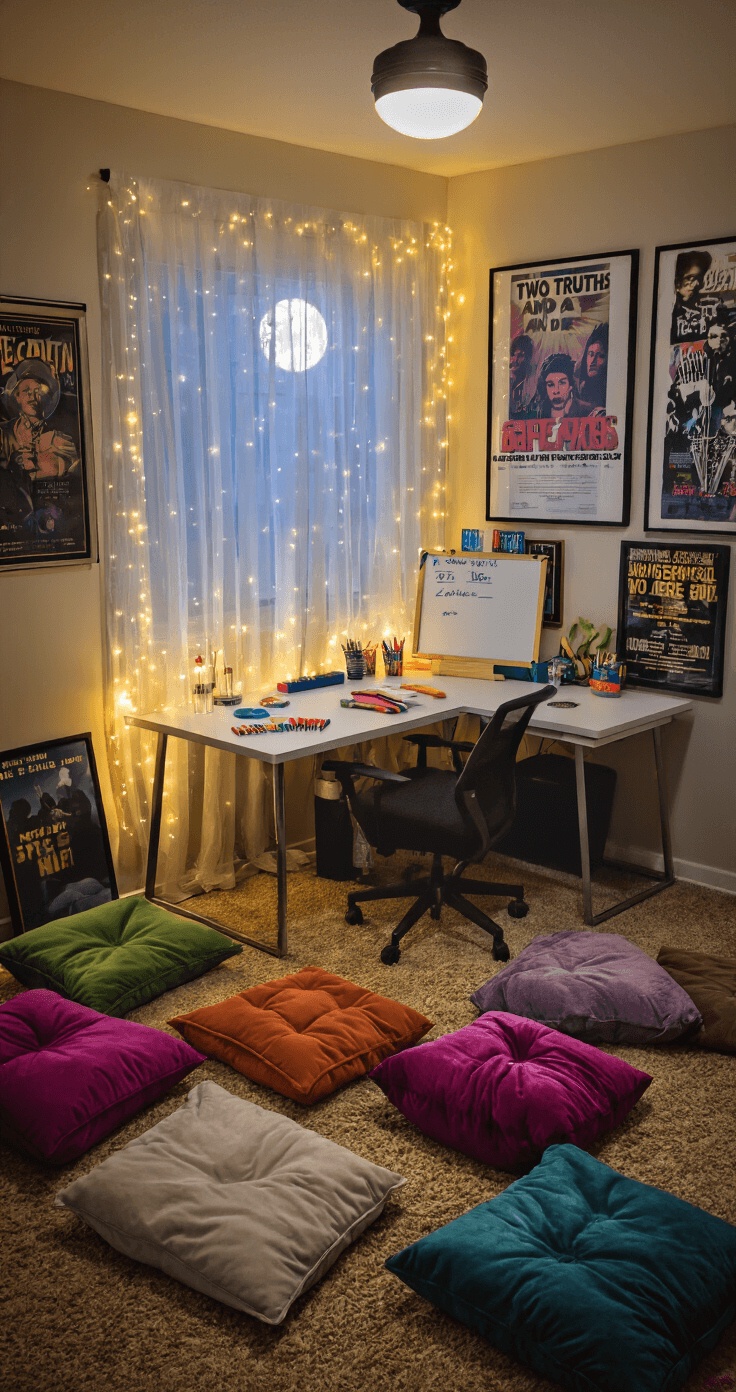A cozy game night setup in a stylish home office, illuminated by moonlight and string lights. Friends gather around a cleared desk with a 'Two Truths and a Lie' game on a whiteboard, surrounded by plush jewel-toned floor pillows. The walls are decorated with framed movie posters and concert tickets, creating a playful and inviting atmosphere.