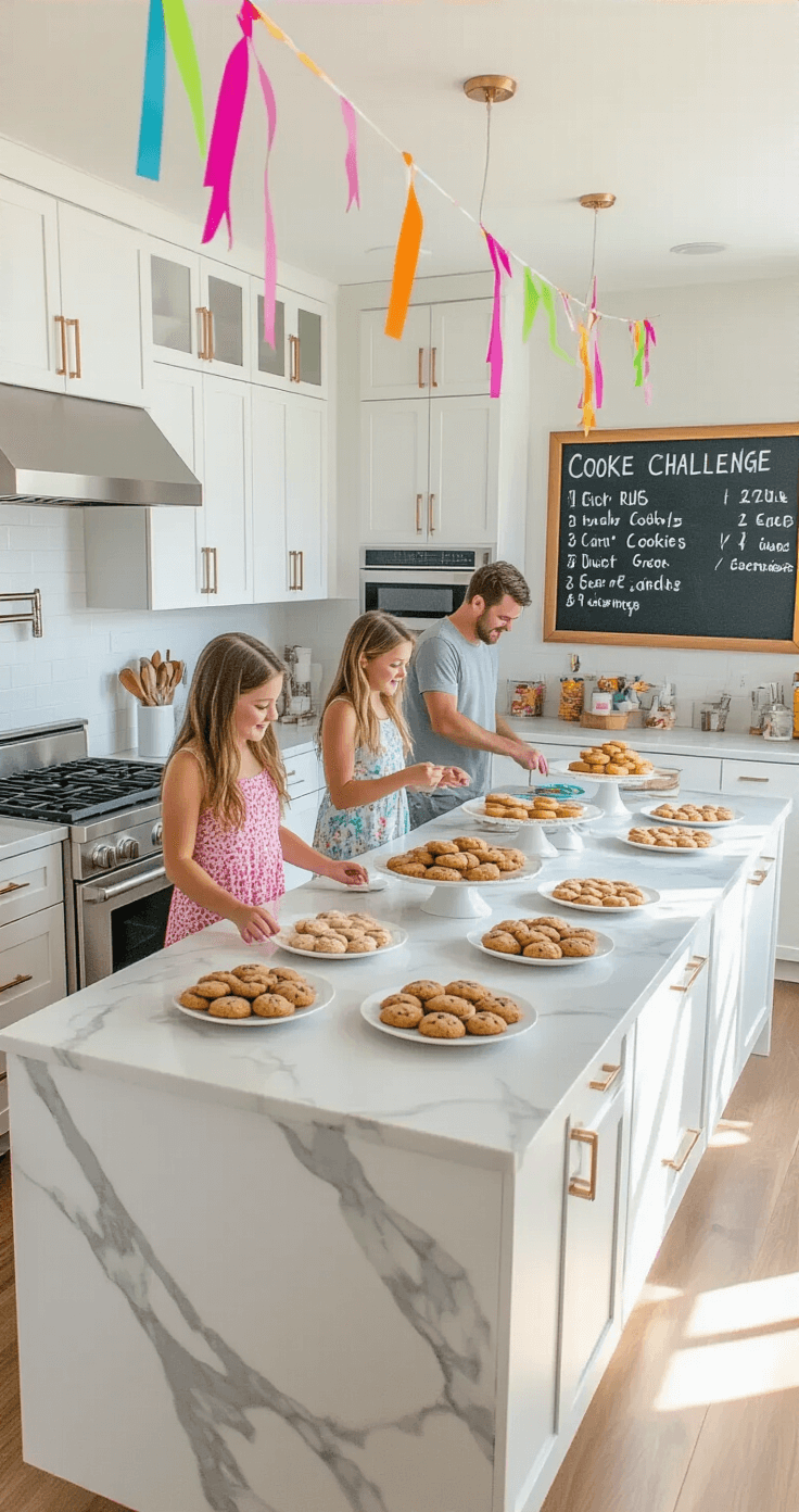 A bird's-eye view of a bright, modern kitchen featuring white cabinets and marble countertops, showcasing an island set up for a cookie challenge with plates of cookies and eager participants. A chalkboard wall displays game rules and scores, while colorful party streamers hang from the ceiling, creating an energetic and festive atmosphere in mid-afternoon sunlight.