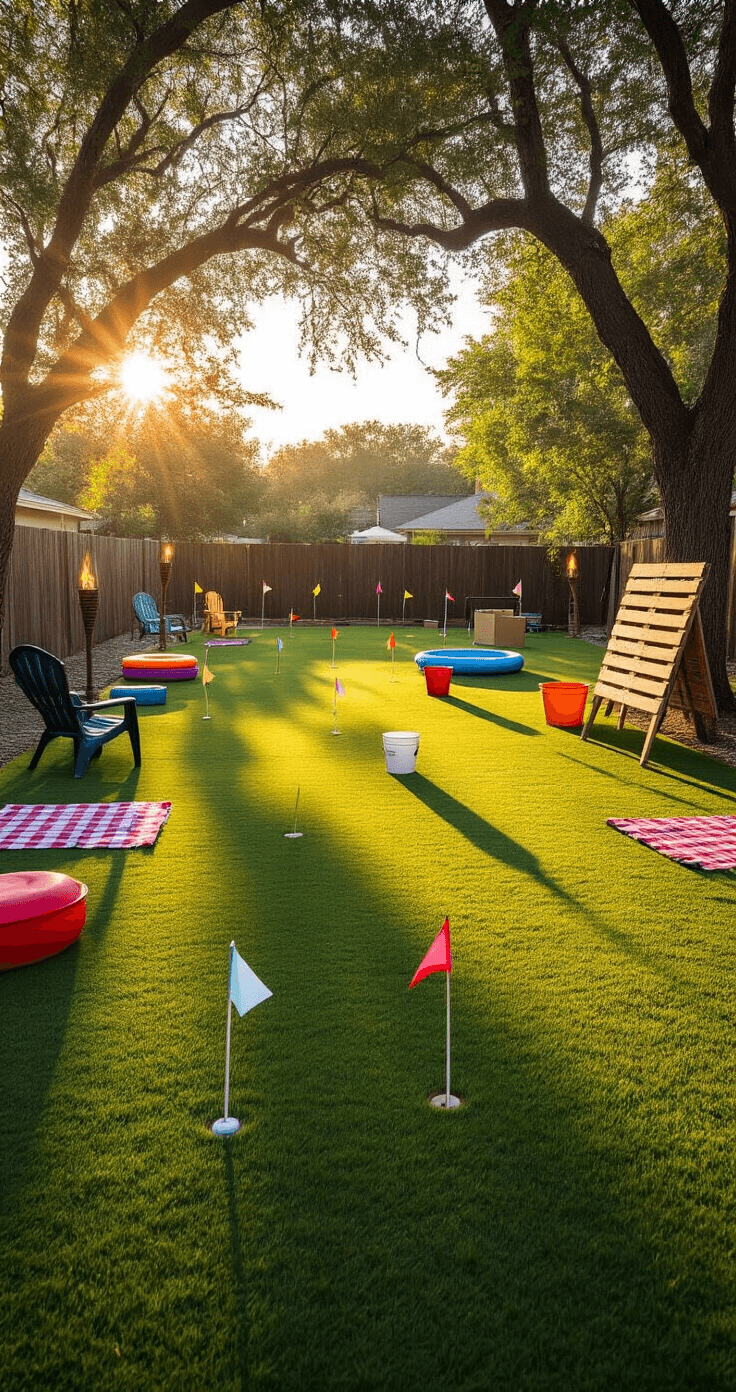 A wide-angle view of a spacious backyard transformed into a makeshift Footgolf course, featuring colorful flags, whimsical holes made from buckets and inflatable pools, tiki torches, a DIY scoreboard, and cozy seating areas under the warm golden hour light.