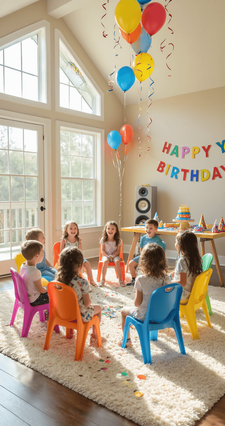 A vibrant kids' birthday party scene with children playing musical chairs in a spacious living room, decorated with balloons, streamers, and a birthday banner, illuminated by afternoon sunlight.