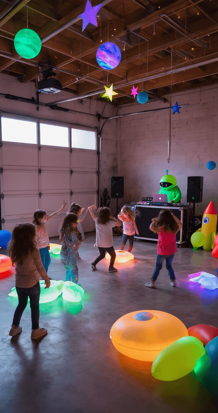 An energetic freeze dance party in a garage space with polished concrete floors, featuring ten children, ages 7-9, striking comical frozen poses, surrounded by colorful LED lights, glow-in-the-dark stars and planets, and an adult in an alien costume manning a DJ booth.