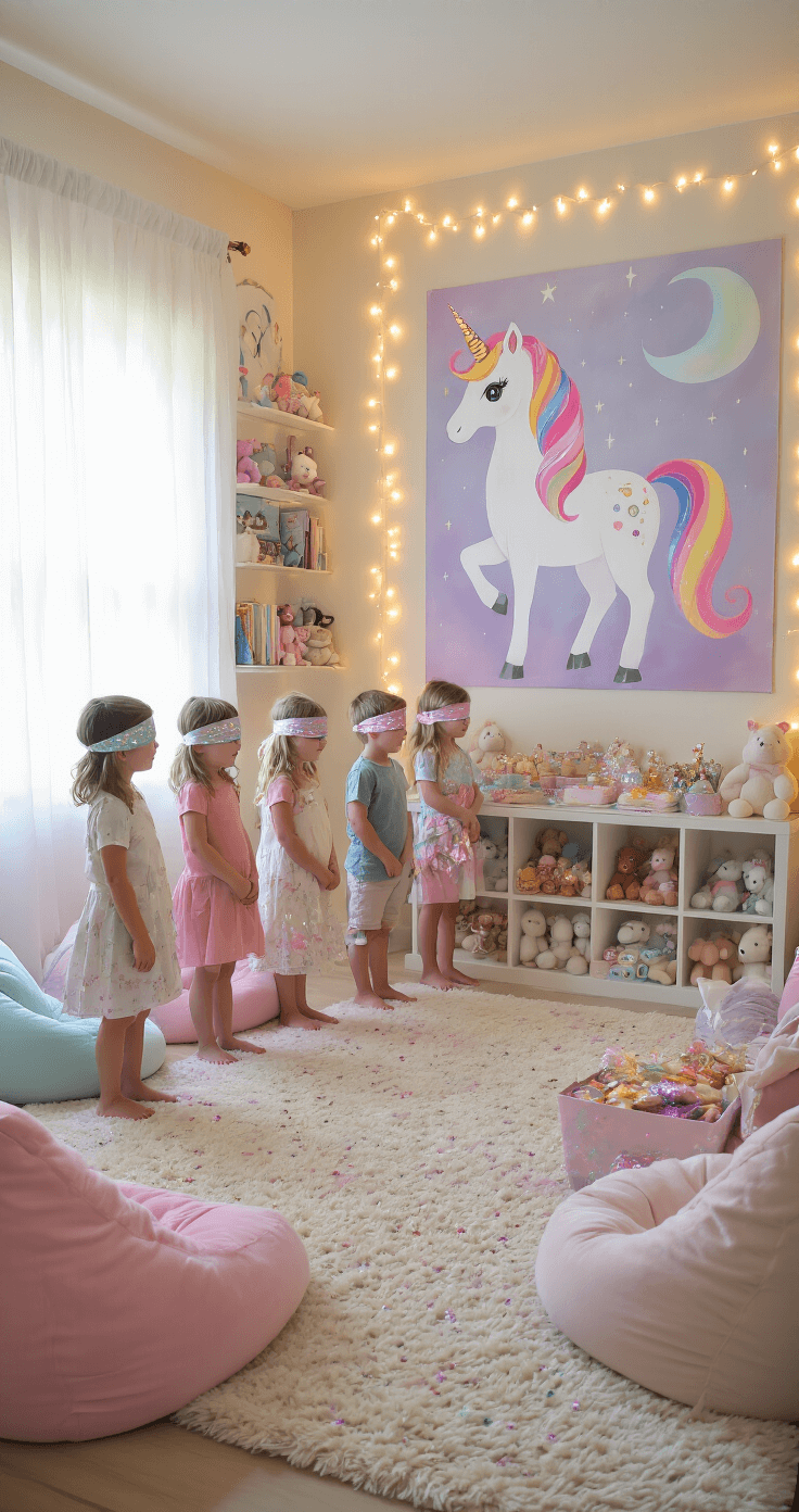 A cozy playroom filled with excitement as five blindfolded children prepare to play 'Pin the Tail on the Unicorn'. A large hand-painted unicorn poster adorned with fairy lights serves as the backdrop, while pastel bean bags and a soft iridescent rug cover the floor. Mid-morning light filters through sheer curtains, highlighting a nearby table with unicorn-themed treats and party favors. The low angle shot captures the children's eagerness against a magical setting.