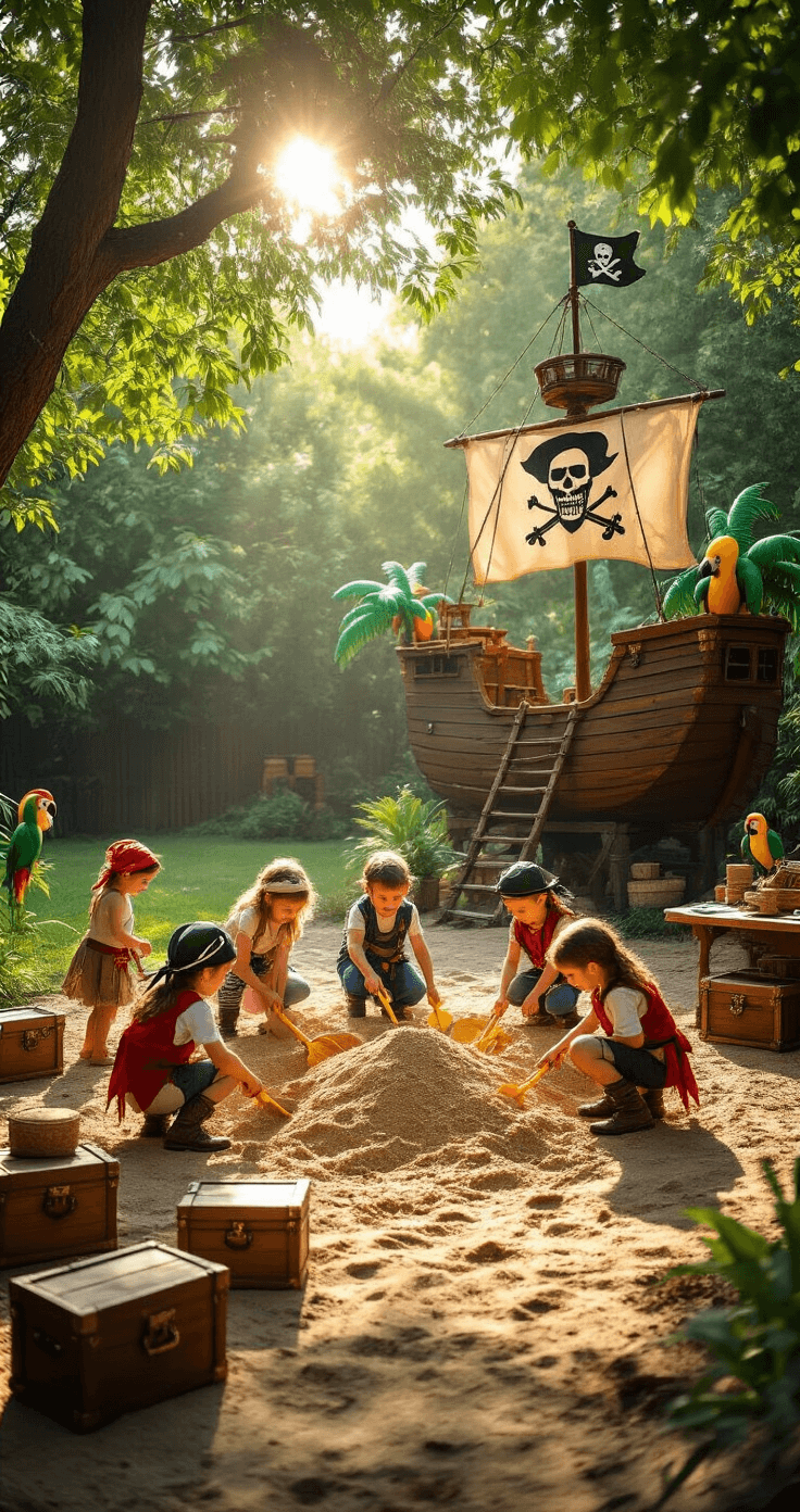 Children in pirate costumes dig in a sandbox treasure island under golden afternoon sunlight, surrounded by a pirate ship play structure, treasure chests, and inflatable parrots in a lush backyard setting.