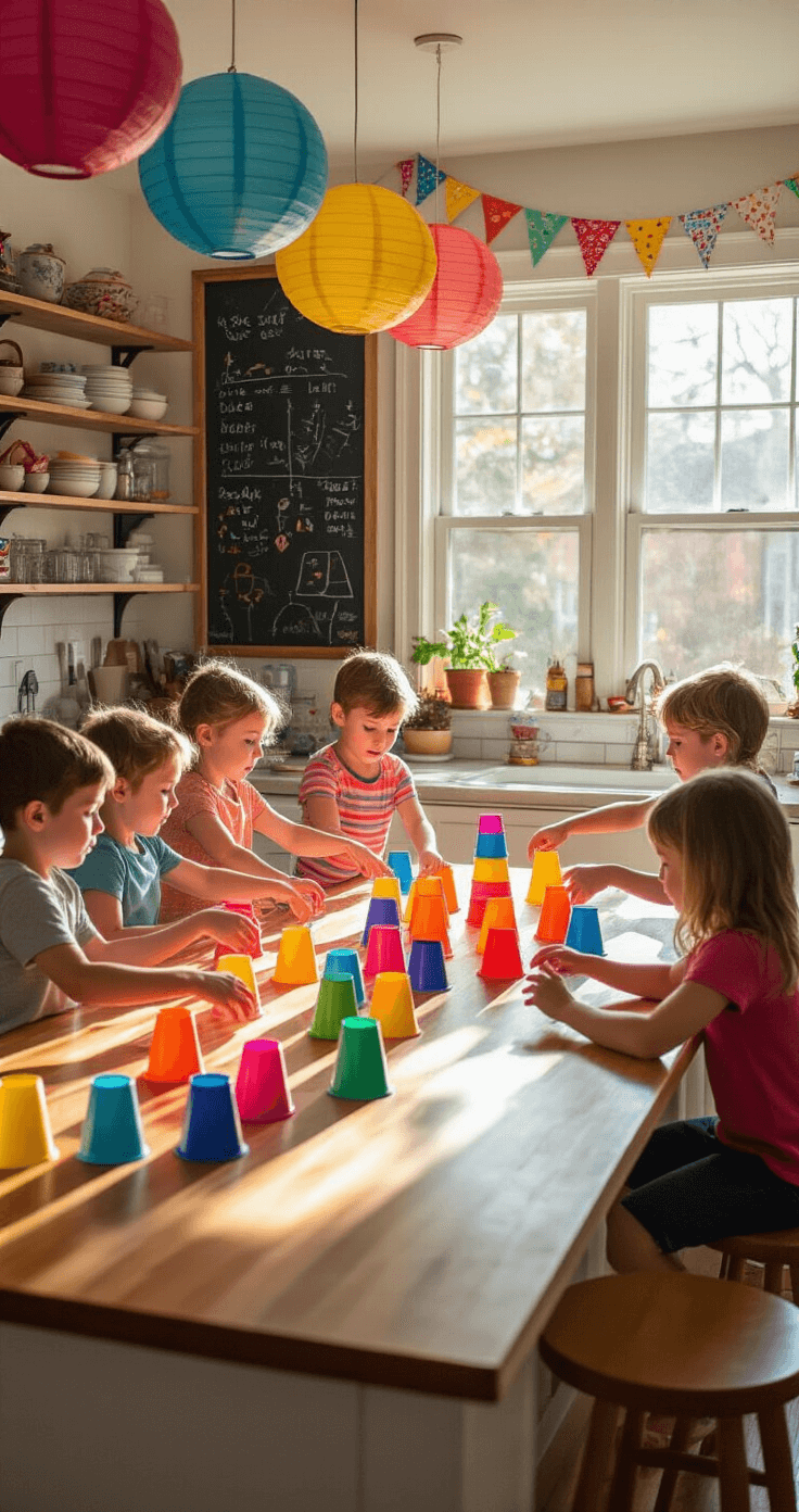 A bright kitchen with morning light streaming through a bay window, where six children aged 8-10 are energetically stacking and unstacking colorful plastic cups on a long island counter. The space is adorned with rainbow-colored paper lanterns and bunting, while a chalkboard wall displays scores and playful doodles.