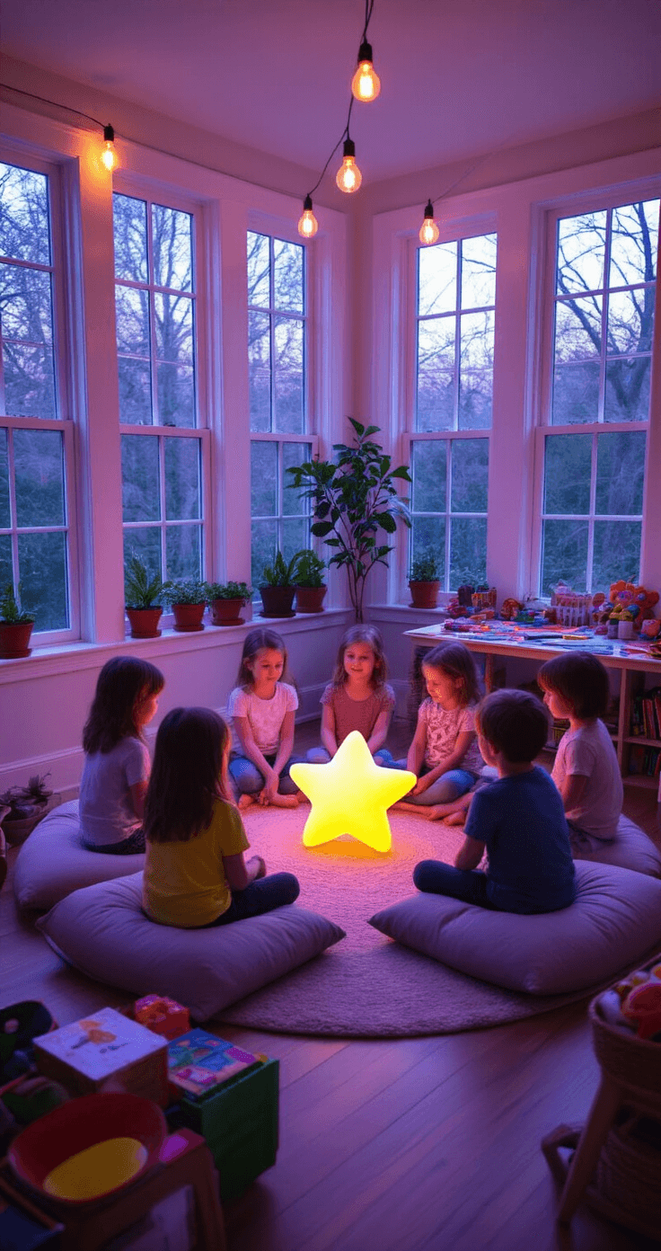 A vibrant overhead shot of children playing 'Hot Potato' in a cozy sunroom, illuminated by twilight and Edison bulbs, with a plush star-shaped toy being passed around, surrounded by potted plants and colorful art projects.