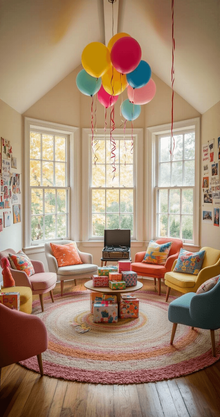 A cozy living room filled with colorful decorations for a child's birthday party, featuring bay windows, balloons, mismatched chairs around a vintage record player, plush rugs, hand-drawn signs, and a table overflowing with presents, all captured at child's eye level in soft, natural light.