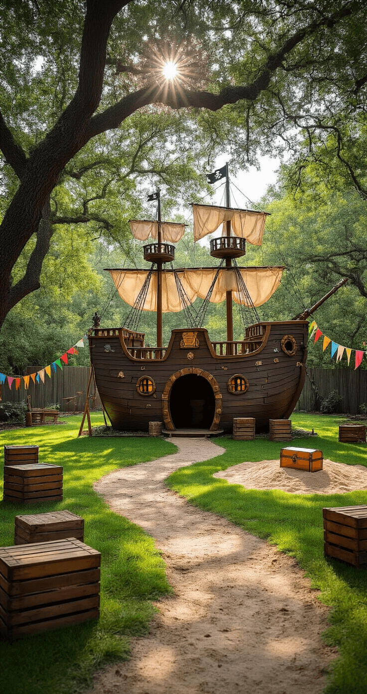 An expansive backyard treasure hunt setup featuring a large pirate ship playhouse, colorful streamers, wooden crates, oversized maps, and a sandbox island with a treasure chest, all dappled in late morning sunlight through oak trees.