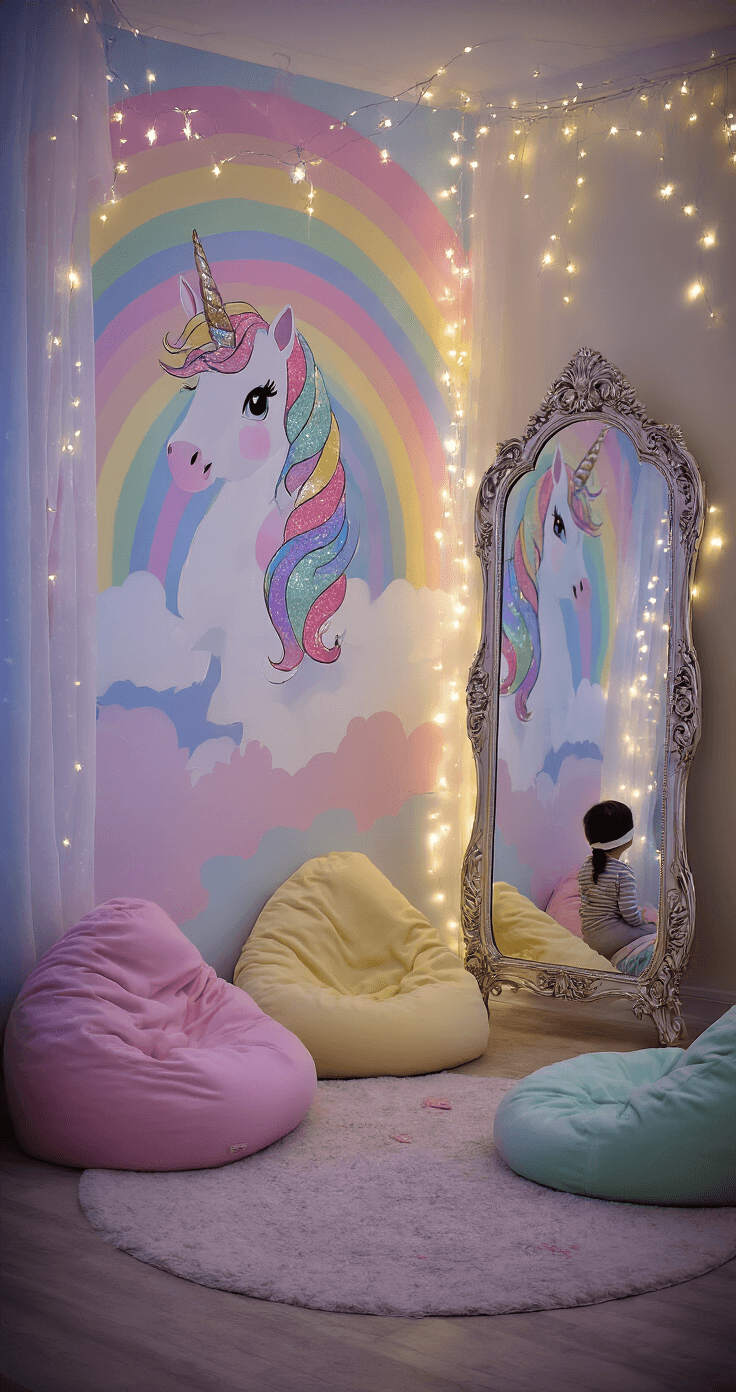 A whimsical bedroom transformed into a 'Pin the Horn on the Unicorn' game zone, featuring a glittery unicorn poster on a pastel rainbow mural, twinkling fairy lights, fluffy ice cream-colored bean bags, and a blindfolded child reaching for the poster, all bathed in dreamy, ethereal lighting.