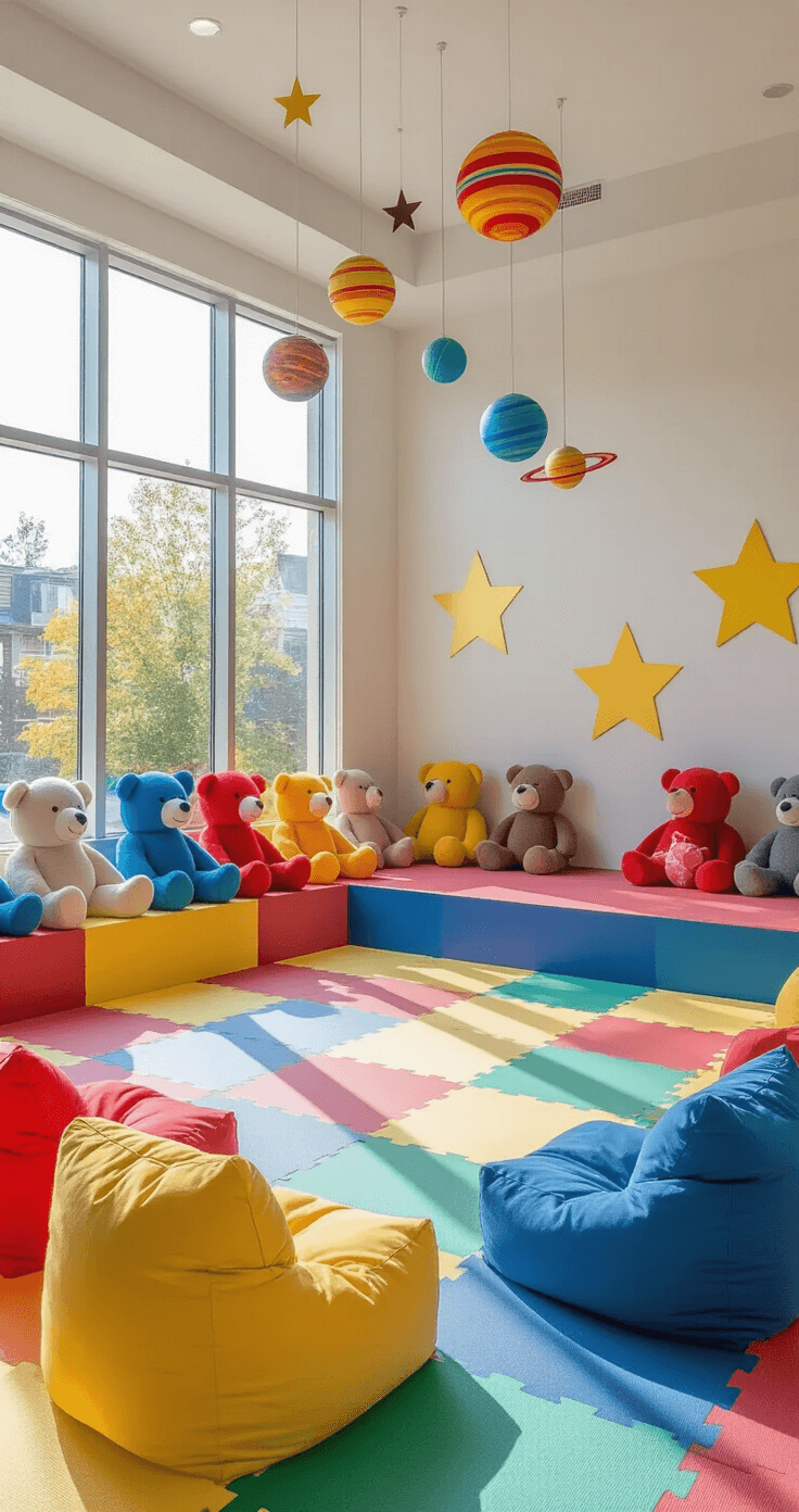 A vibrant playroom for 'Simon Says' featuring colorful foam tiles, oversized stuffed animals, a marked stage area with star decals, planetary mobiles, and scattered primary-colored bean bag chairs, all illuminated by mid-morning light from floor-to-ceiling windows.