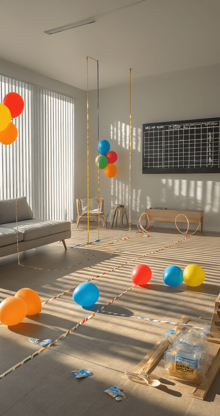 An indoor obstacle course set up in a modern living room, featuring minimalist furniture pushed aside. A winding path of painter's tape runs through low hurdles, under limbo bars made of string, and through hula hoop tunnels, illuminated by late afternoon sun casting long shadows. A scoreboard is visible on one wall, and at the starting line, packets of balloons and plastic spoons are prepared for the challenge. The camera captures players' expressions and the course layout with dramatic side-lighting enhancing the excitement.