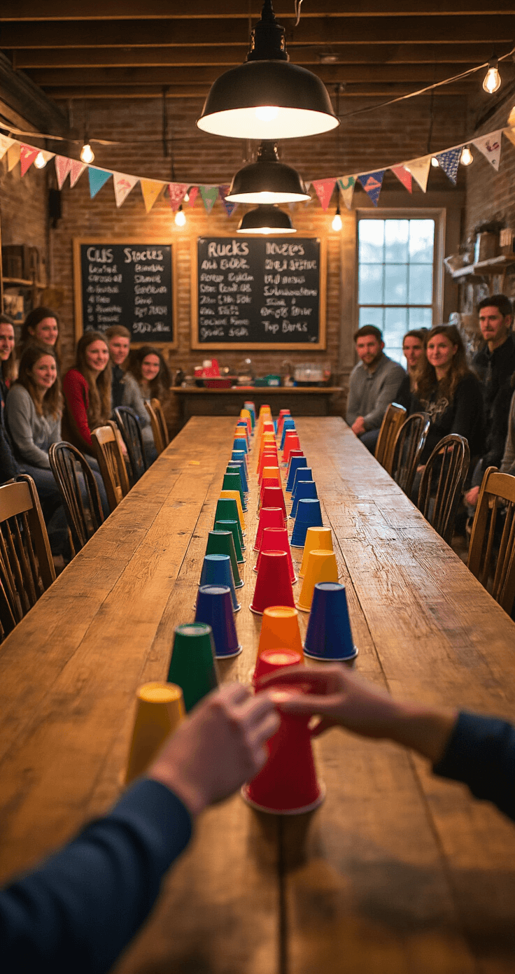 A cozy dining room transformed into a Cup Stacking arena, featuring a long farmhouse table with colorful plastic cups, industrial pendant lights, and bunting displaying contestants' names. The scene captures hands mid-stack, with excited onlookers blurred in the background.
