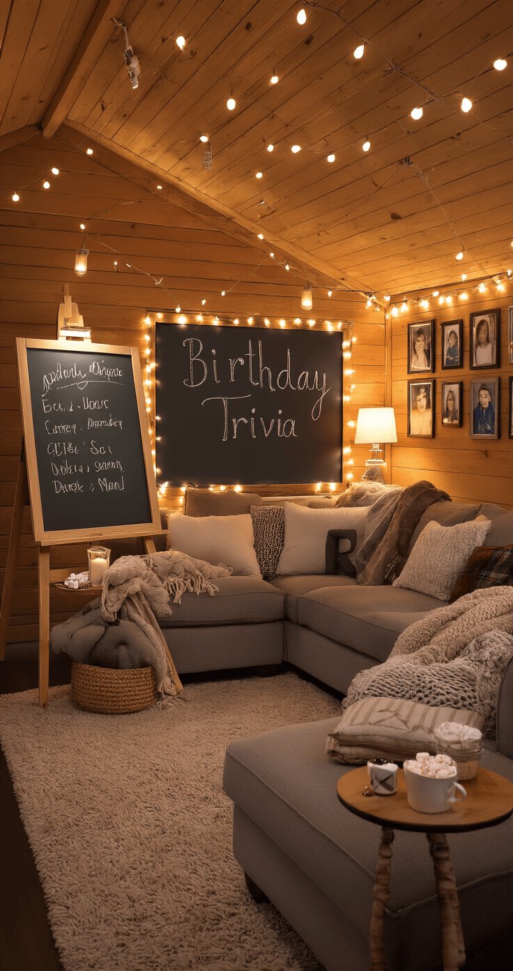 Cozy den setup for a birthday trivia game, featuring a wood-paneled room with warm lighting, a plush sectional sofa, a large chalkboard easel, and framed childhood photos on the walls, complemented by a hot chocolate station and cushions, capturing players' reactions from the host's perspective.