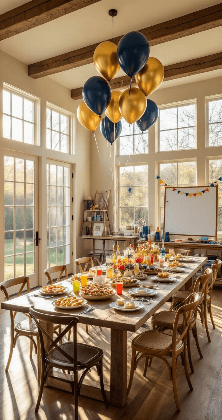 Birthday Party Games for Adults: Unleash the Fun! A spacious open-plan living room decorated for a birthday party, with sunlight streaming through large windows, a long farmhouse table filled with colorful decorations and finger foods, clusters of mismatched vintage chairs, helium balloons in gold and navy, and a makeshift game area in one corner.