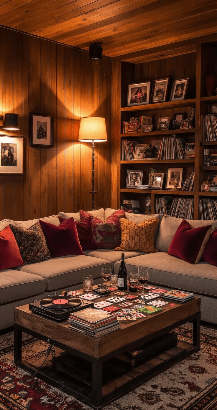 A cozy den with wood-paneled walls, warm lighting, a plush sectional sofa adorned with jewel-toned pillows, a coffee table full of party games and wine glasses, bookshelves with personal items, and a vintage record player, capturing an inviting game-night atmosphere in deep, rich colors.