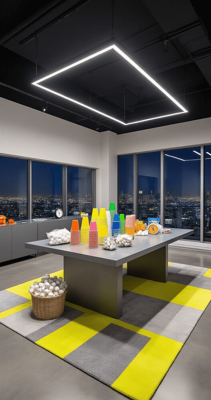 A modern dining room transformed into a vibrant 'Minute-to-Win-It' game zone, featuring bright overhead lighting, a sleek table pushed to one side with game props, and a nighttime city view through large windows, all captured in a wide-angle lens.