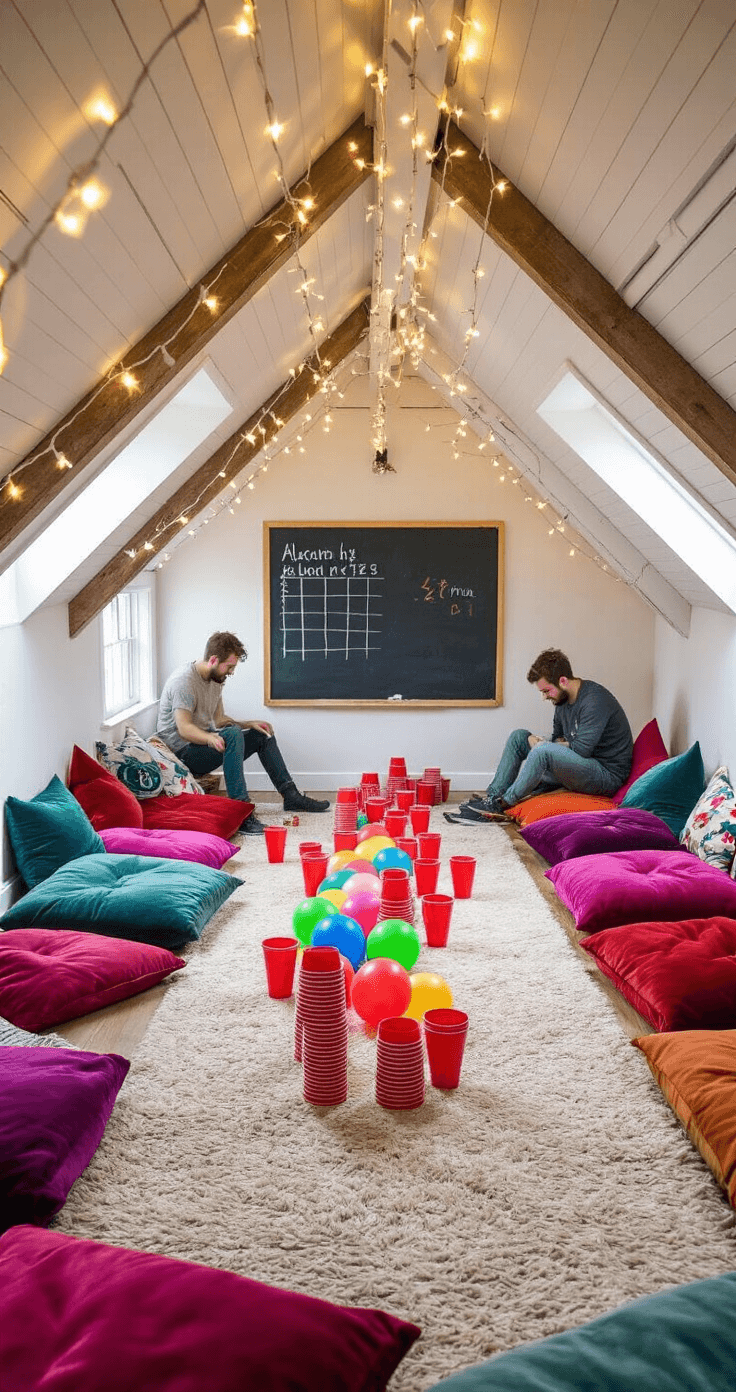 A vibrant attic game setup for 'Balloon Relay Pyramid', featuring sloped ceilings, exposed beams, fairy lights, red plastic cups, colorful balloons, and mismatched seating. Teams compete energetically while a chalkboard keeps score, all under a playful color scheme of jewel tones and whitewashed walls.
