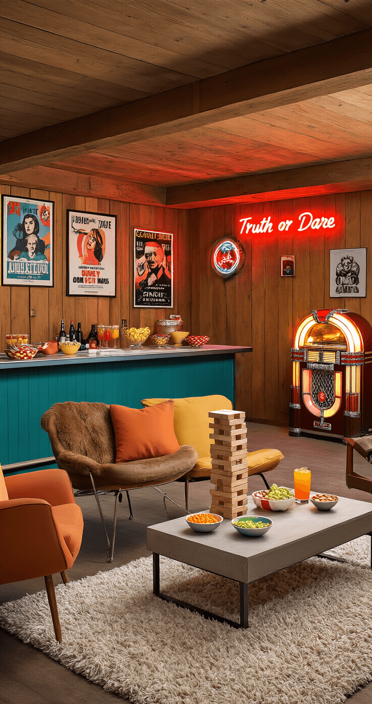 A retro-inspired basement rec room with wood-paneled walls, vintage movie posters, and neon signs, featuring an L-shaped bar with snacks and colorful cocktails, a Jenga tower on a low coffee table, mid-century modern armchairs, a plush shag rug, and a jukebox, all in a bold color scheme of teals, oranges, and reds.