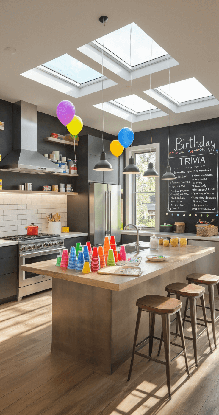 An open-concept kitchen and dining area featuring modern appliances and a large island, brightened by midday sunlight streaming through skylights. The island is arranged for a 'Cup Stack Challenge' with colorful plastic cups, while helium balloons float near the ceiling and a chalkboard wall displays a 'Birthday Trivia' quiz. The camera captures the scene at counter height, highlighting the vibrant colors and clean lines.