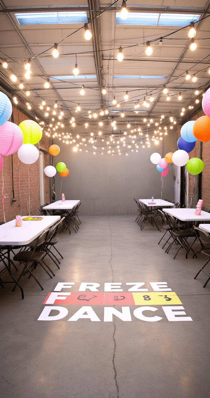 A vibrant transformed garage space featuring polished concrete floors, string lights, and party game setups, with a marked 'Freeze Dance' area, oversized balloons, and paper lanterns, captured in dynamic evening lighting.