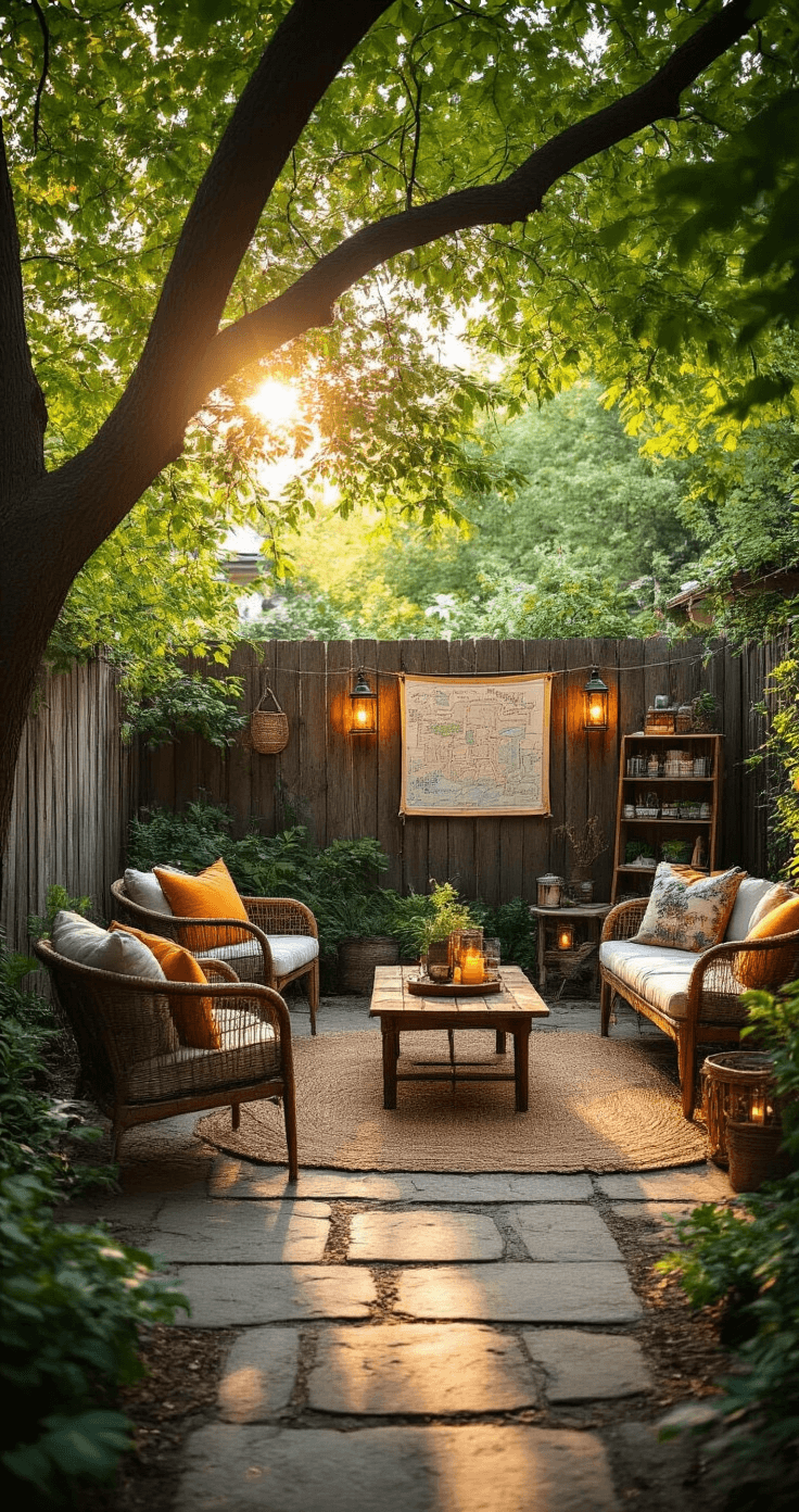 A cozy backyard patio featuring mismatched outdoor furniture surrounded by greenery, with warm golden hour sunlight filtering through trees, tiki torches, a treasure hunt map on a wooden fence, and a DIY photo booth with props, all set for a garden party.