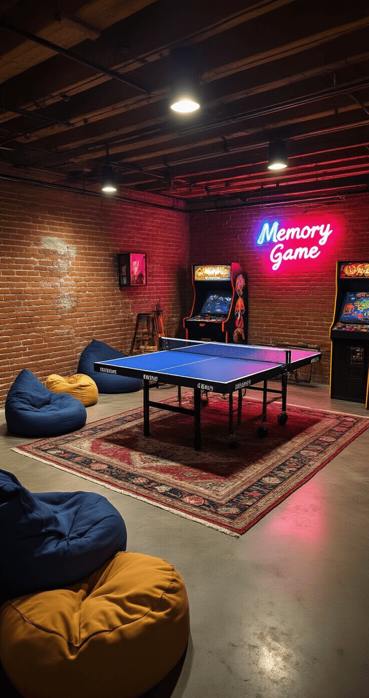 A spacious finished basement rec room featuring exposed brick walls, area rugs on concrete flooring, and soft overhead lighting. A ping pong table is creatively set up for a giant 'Memory Game' with quirky objects, surrounded by beanbag chairs and floor cushions. Neon signs and vintage arcade games add a retro touch, all captured from a low angle to highlight the playful and laid-back atmosphere.