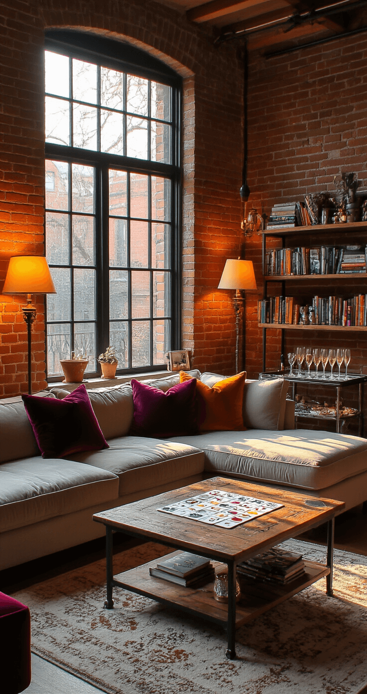 A cozy living room featuring exposed brick walls and large windows, filled with warm afternoon sunlight. An L-shaped sofa with jewel-toned pillows sits in one corner, while a rustic coffee table in the center showcases a 'Birthday Trivia' game. Vintage floor lamps add soft lighting, and shelves filled with books and unique decor enhance the room's character. A bar cart with champagne flutes and a cake is tucked in the corner, creating an inviting and festive atmosphere.