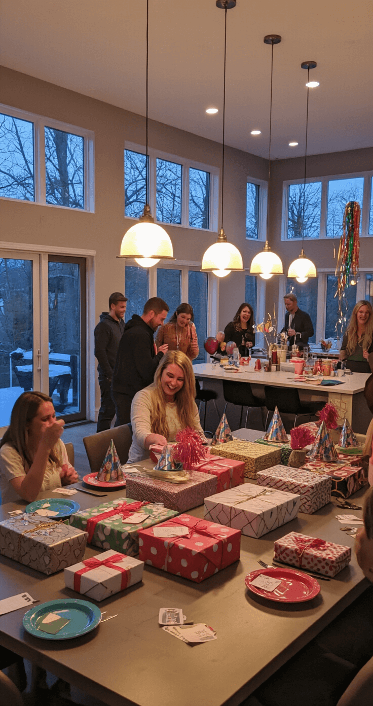 An open-concept kitchen and dining area with high ceilings, featuring a large island covered in wrapped gifts for a 'White Elephant' exchange. Dimmed recessed lighting and pendant lights illuminate the space, highlighting a sleek dining table set for eight with colorful plates and party hats. Metallic balloons and streamers adorn the room as guests laugh and read dare cards, creating a lively and anticipatory atmosphere.