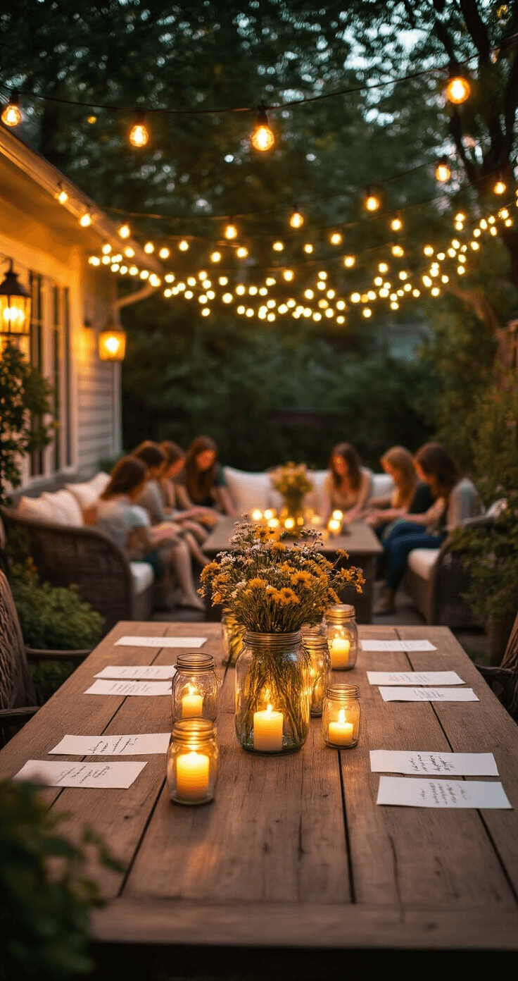 A charming backyard patio at golden hour featuring string lights overhead, a farmhouse table adorned with wildflower-filled mason jars, guests writing for a 'Milestone Memory Jar,' comfortable outdoor seating, and a warm ambiance from lanterns and candles.