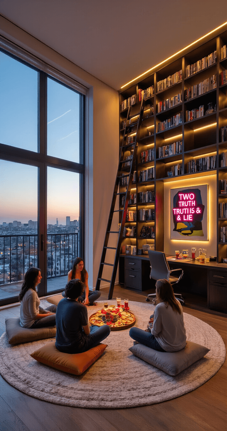 A stylish home office turned game room featuring floor-to-ceiling bookshelves with a rolling ladder, a plush area rug with guests sitting on floor cushions in a circle playing 'Two Truths & a Lie', a sleek desk with drinks and snacks, modern art pieces and a neon sign, large windows providing a city view, all illuminated by soft overhead and accent lighting.